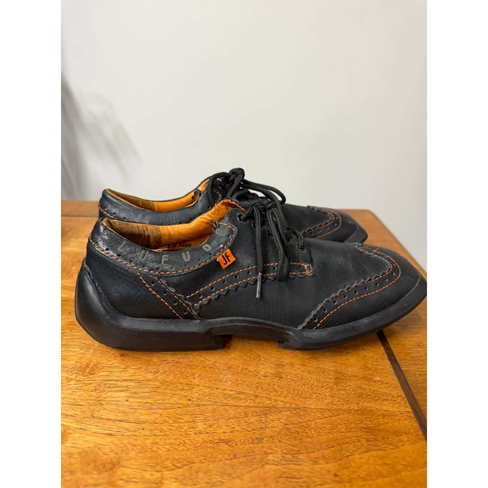 John Fluevog Mens 8 Future Angel Black Leather Orange Stitch Square Toe Shoes